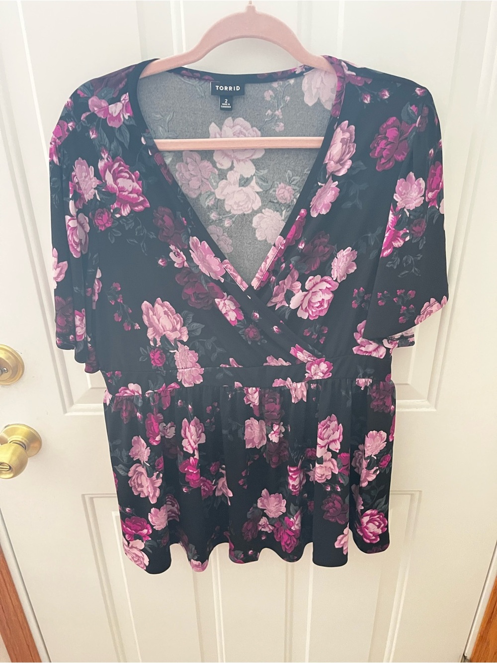 Torrid Black Pink Floral Faux Wrap Peplum Top Size 2